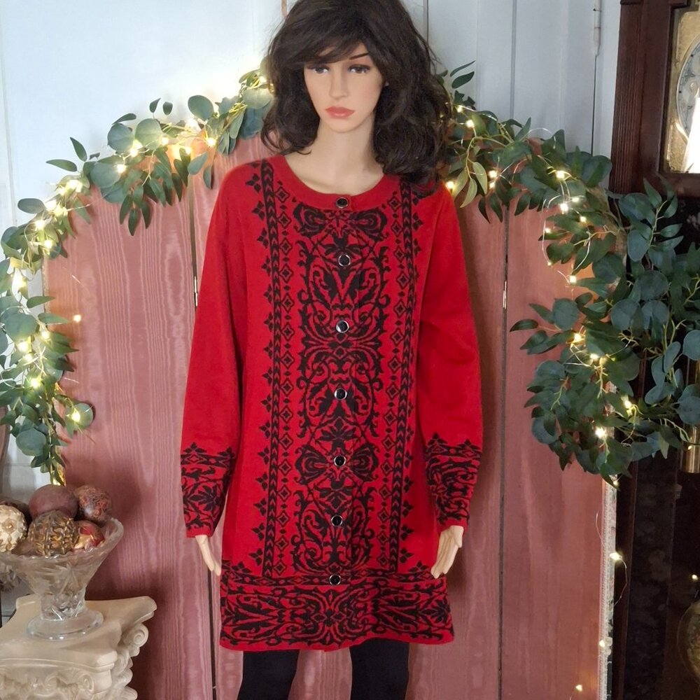 Red and Black Susan Graver Tunic Cardigan Sweater Large NWOT